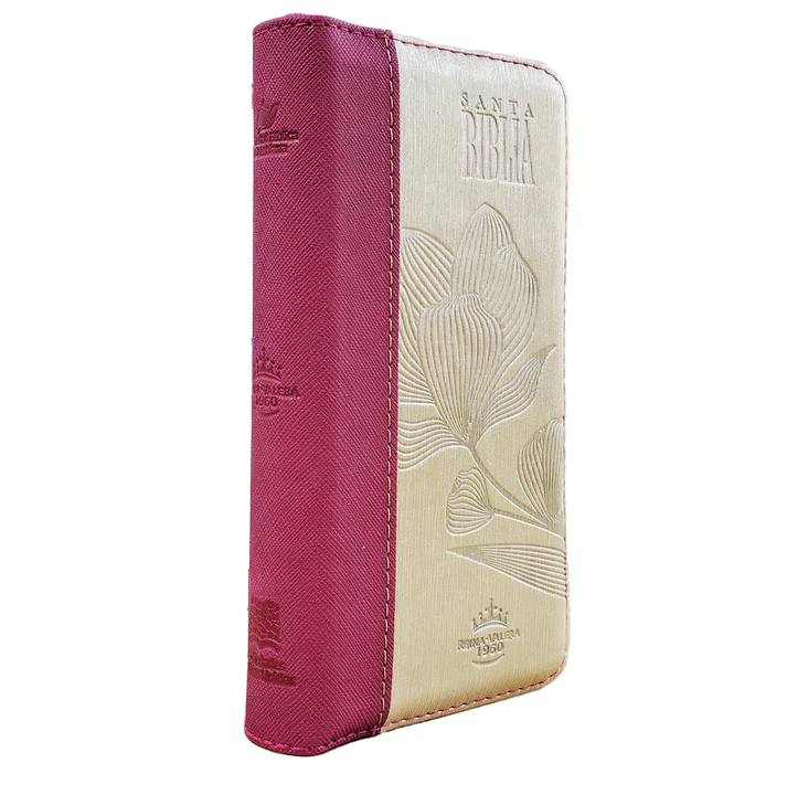 Biblia Reina Valera 1960 – 036 – Con Concordancia – Letra 8 pts – 8,5x16,5 cm – Palabras de Jesús en Rojo – Cierre con Índice – Tapa PU Rosa/Beige